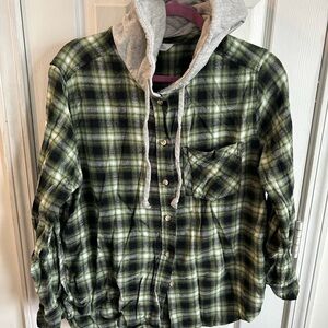 Time and Tru Green Plaid Hooded Flannel Shirt